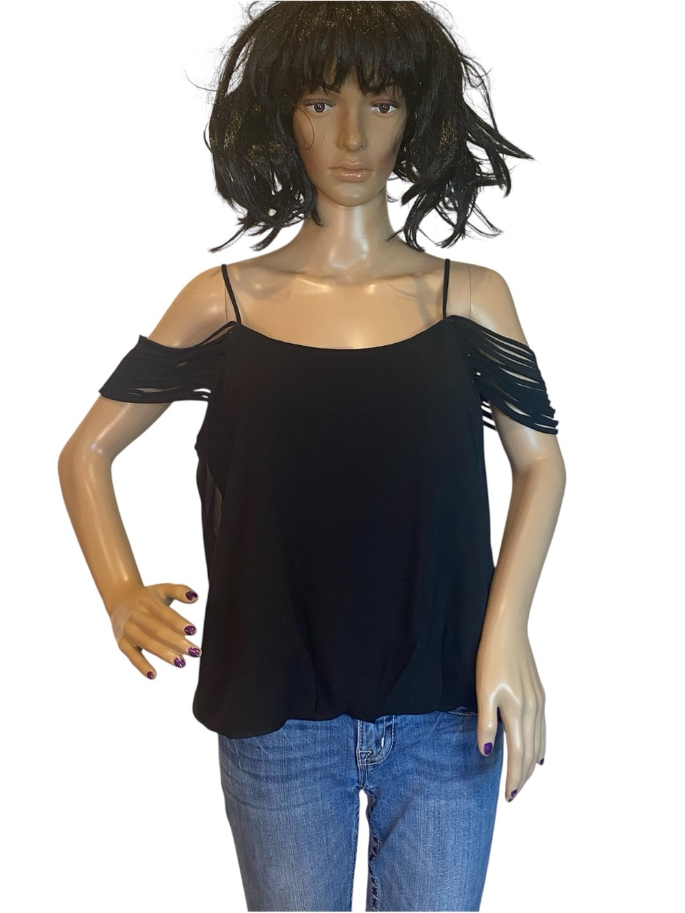 Lily Star Black Cold Shoulder Multi-Strand Draped Blouse Top Shirt Sz Large NWT
